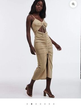 Charlie Holiday Gold Ruched Midi Dress with Center Drawstring